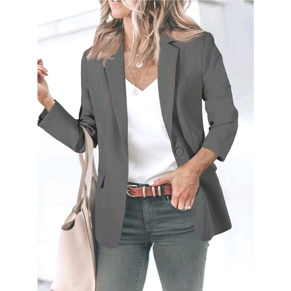 Cicy Bell Blazer Sz M Gray Business Casual One Button Pockets Classic Career New - Picture 3 of 16